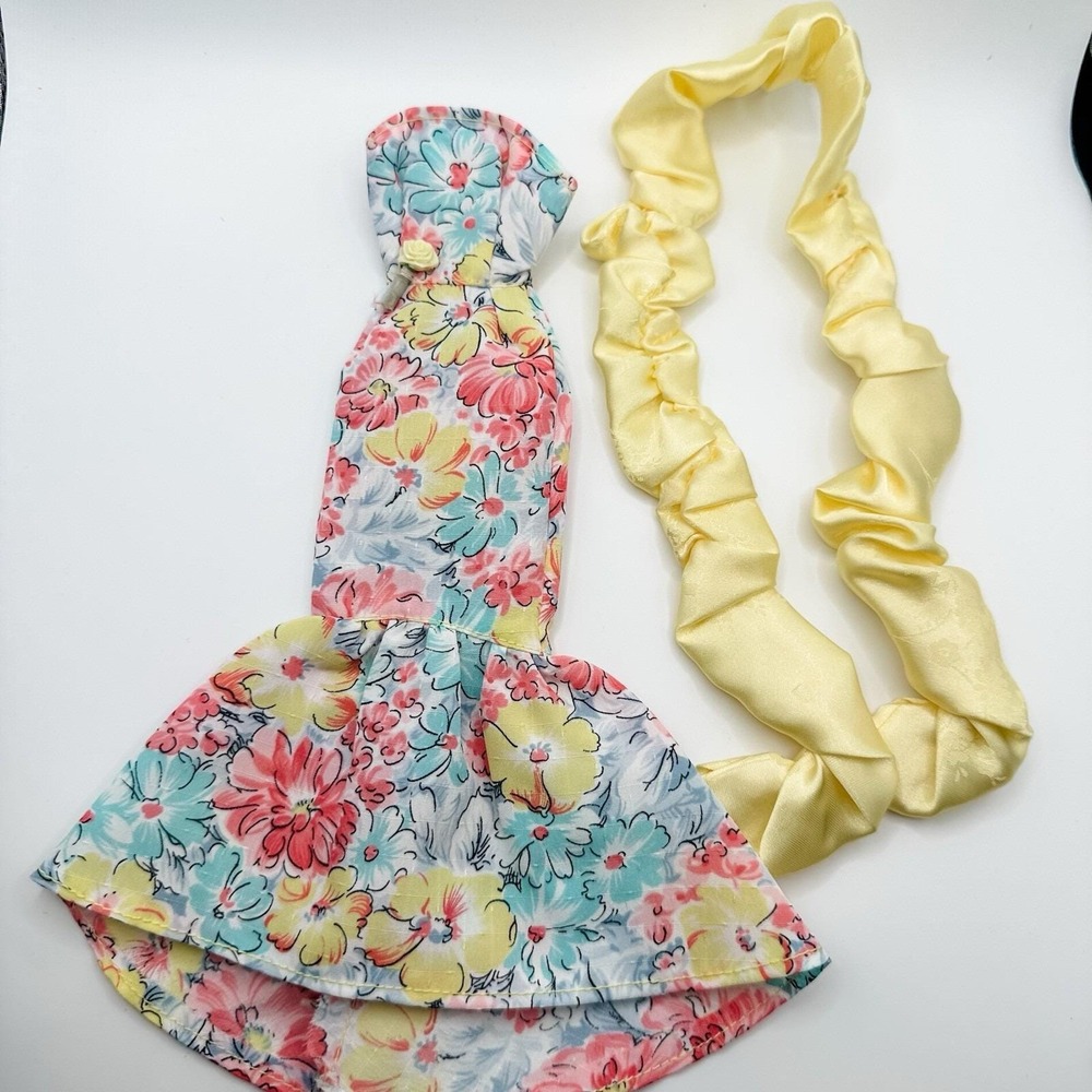 VTG Handmade‎ Barbie Doll Evening Dress & Boa Pastel Floral Yellow Pink Blue